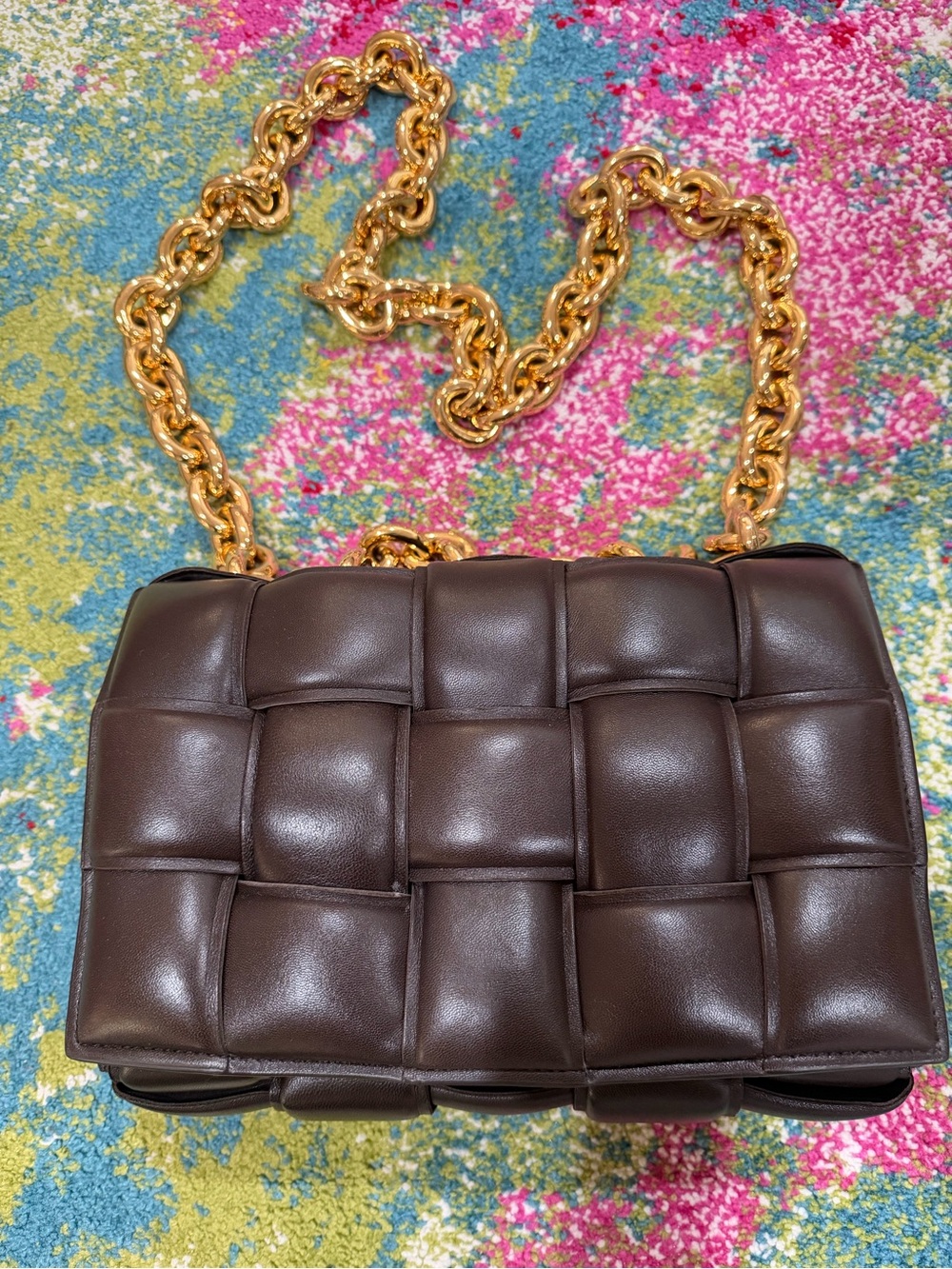 Bottega Veneta Padded Intrecciato Shoulder Bag - Brown with Gold Chain
